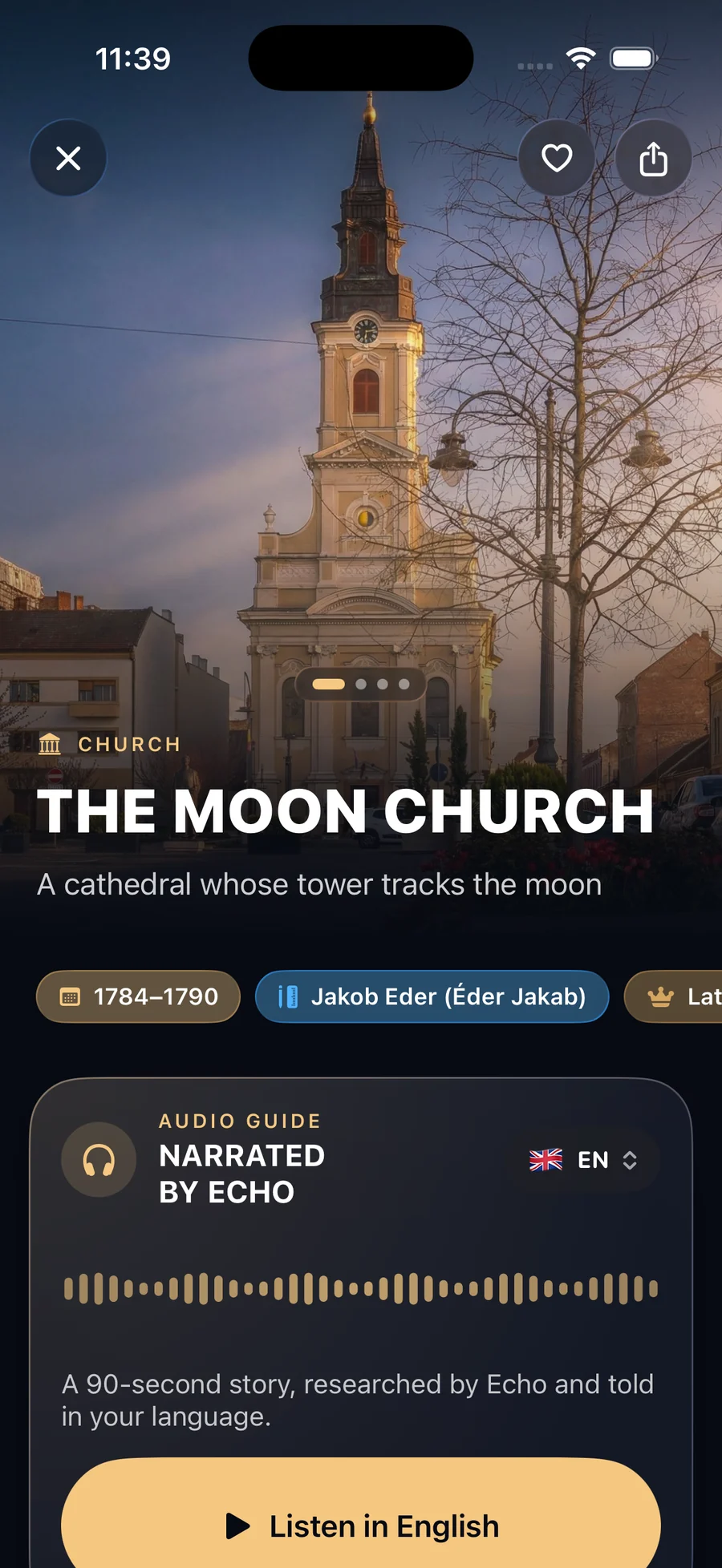 Echivo app: The Moon Church detail page with the audio guide, narrated by Echo
