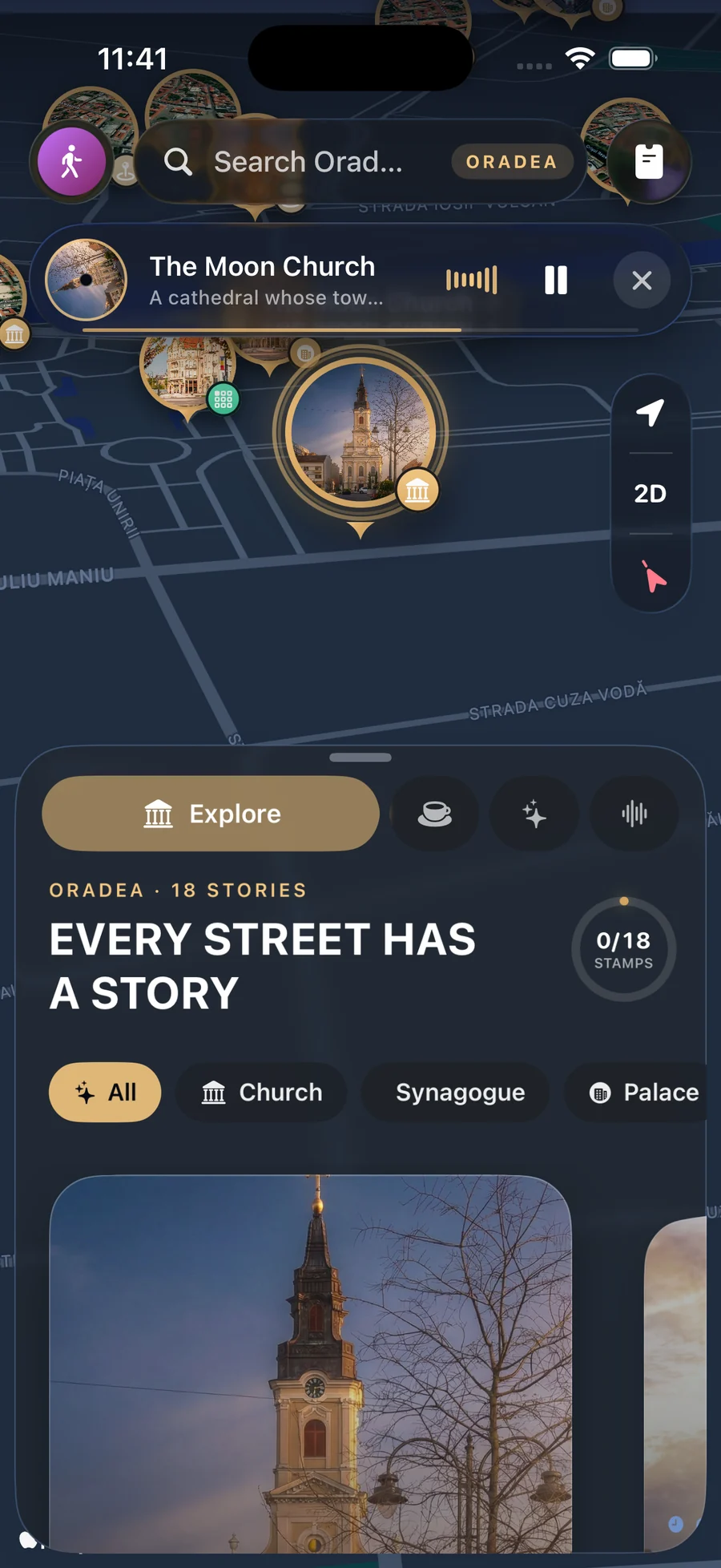 Echivo app: dark 3D map of Oradea with golden photo pins, the Moon Church audio story playing in the mini player.