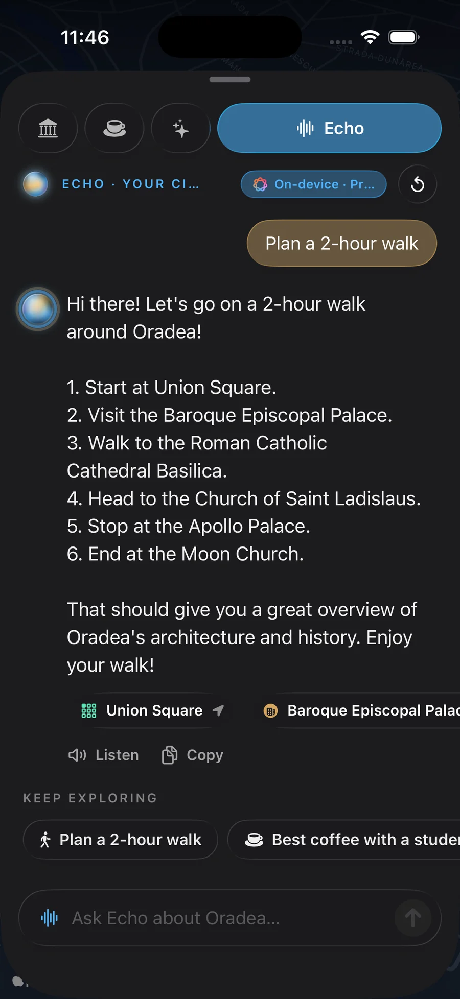 Echo in the Echivo app answering “Plan a 2-hour walk” with a route around Oradea