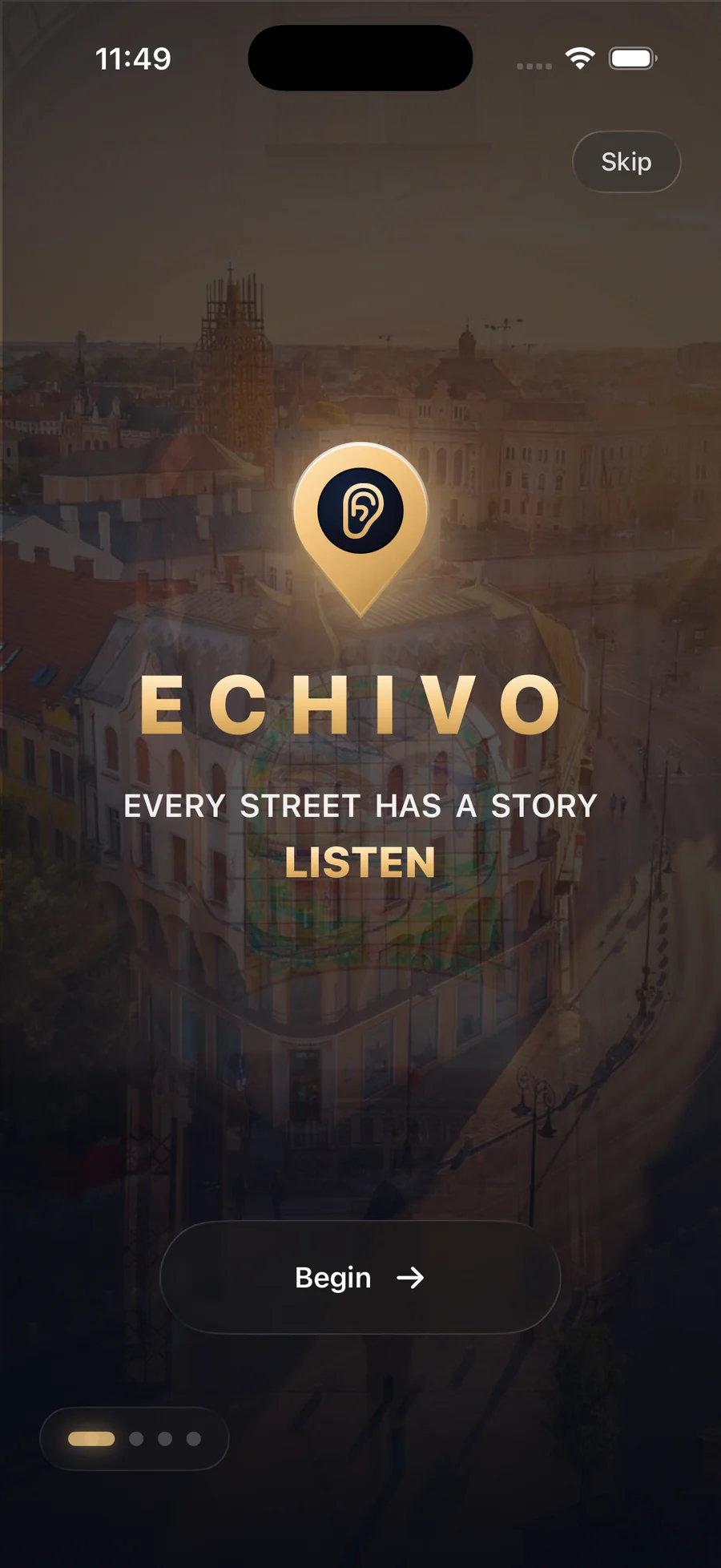 Echivo onboarding screen on iPhone: the gold pin-and-ear logo over Oradea at golden hour, reading ‘Every street has a story. Listen.’
