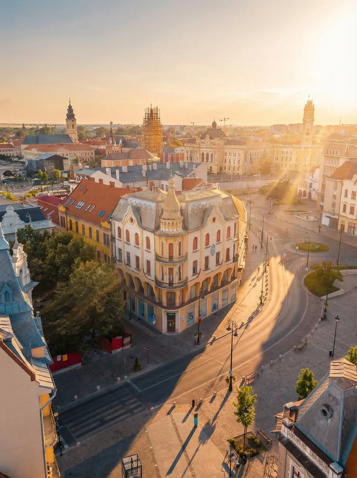 Aerial view over Oradea's Secession rooftops with the sun setting over the city