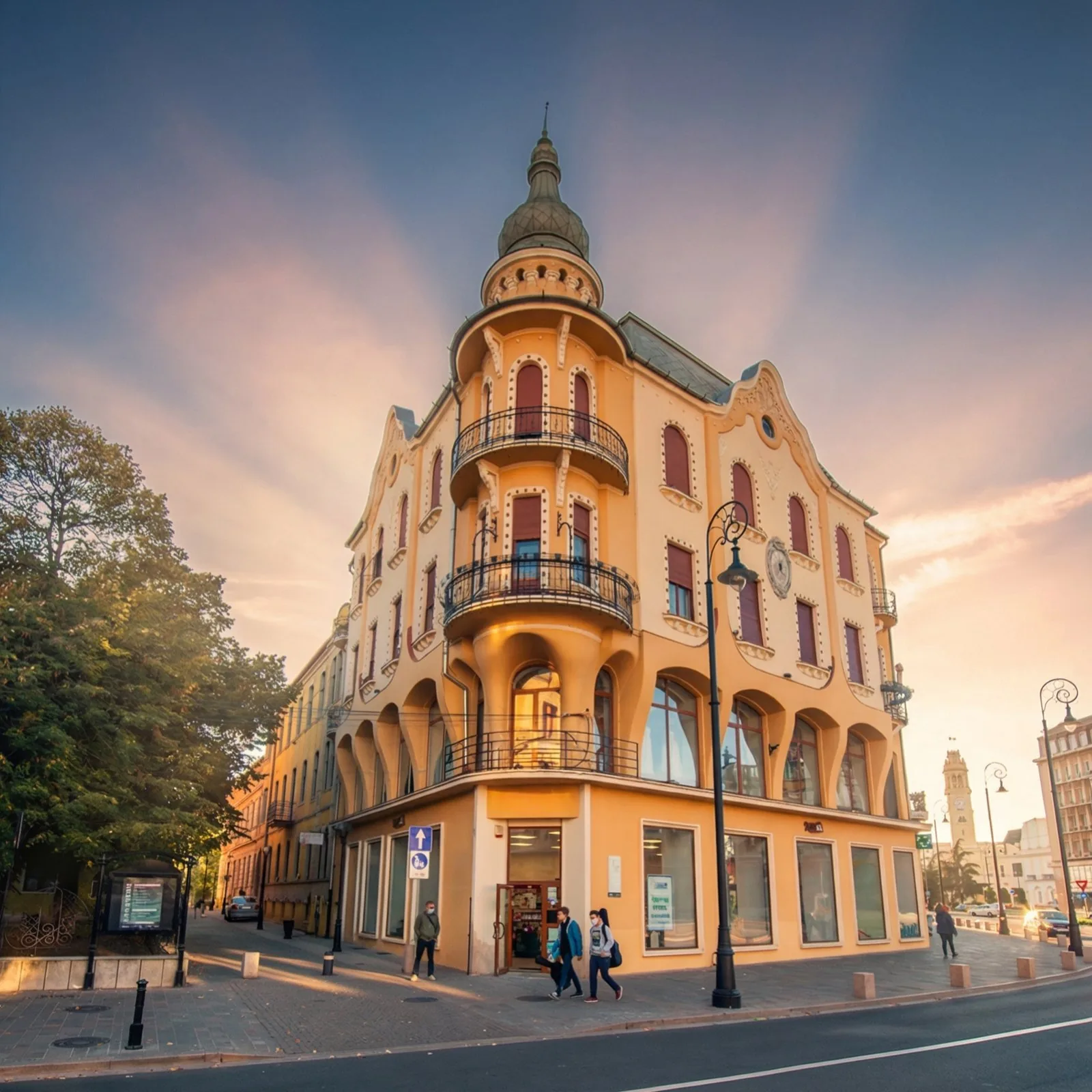 Casa Poynár, a Secession corner building with a domed turret, at golden hour