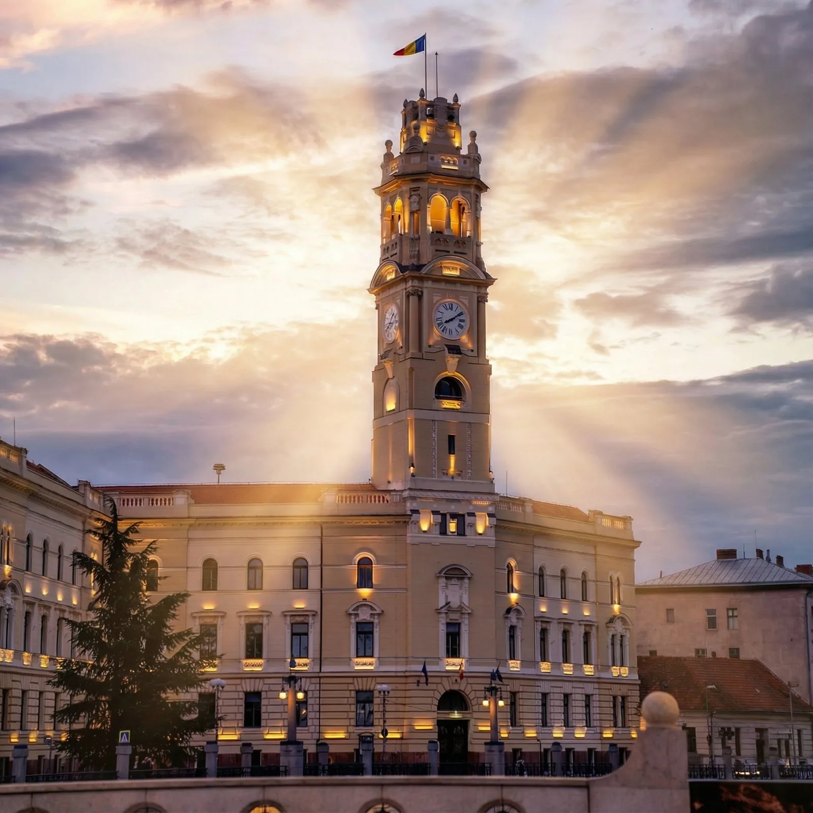 Oradea City Hall and its clock tower at sunset with rays breaking through clouds