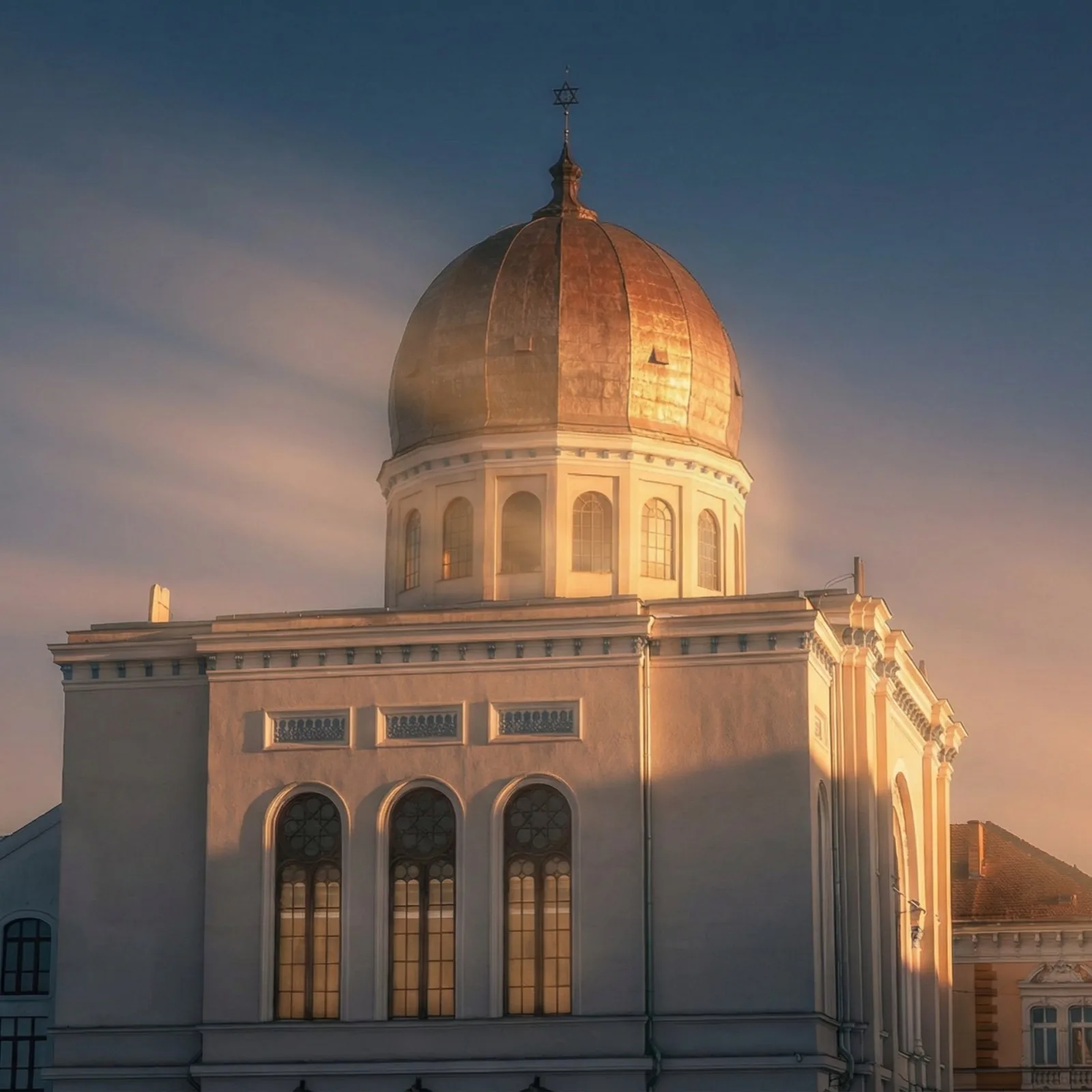 The domed Sion Synagogue glowing in late-afternoon light